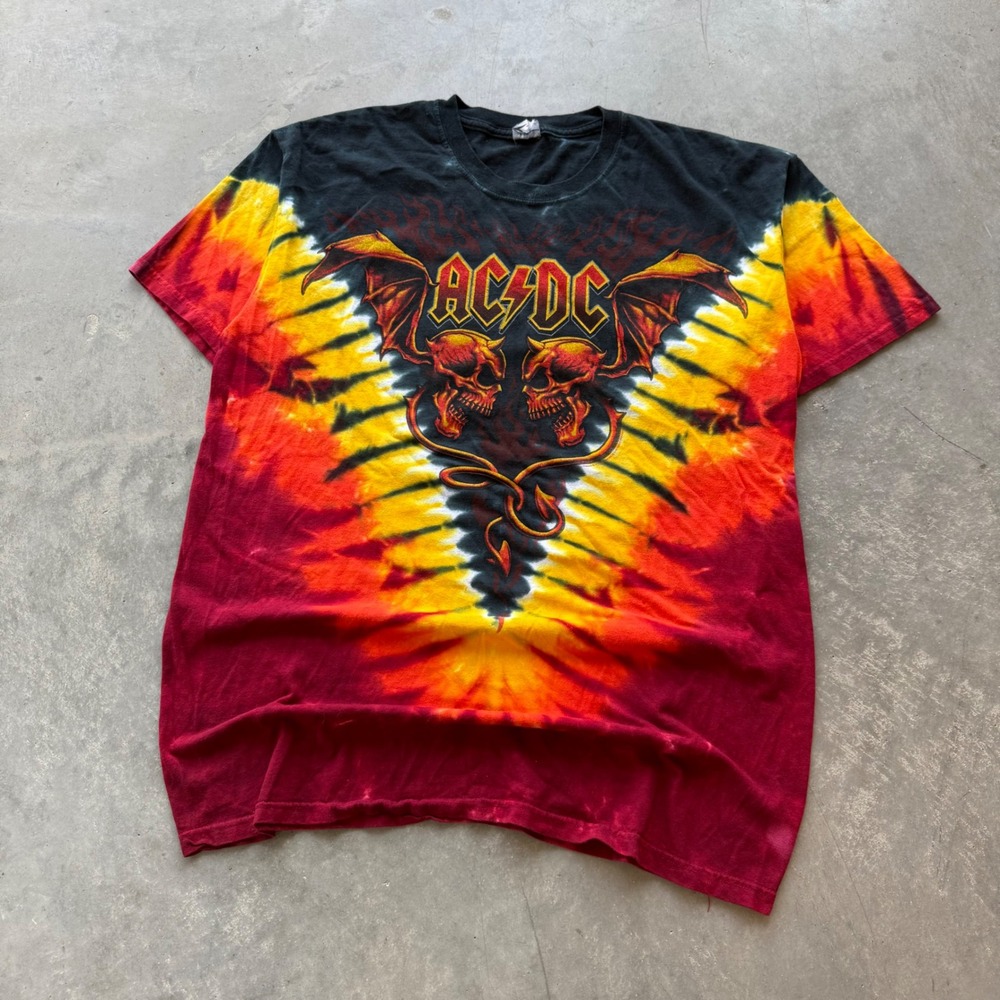 AC/DC Tie Dye Graphic T-Shirt Quail Hollow Skulls Wings Red Orange Mens XL